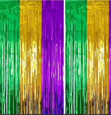 Party achtergrond muur, verjaardagsfeest paars, goud en groen drie-kleurige hecht regen gordijn